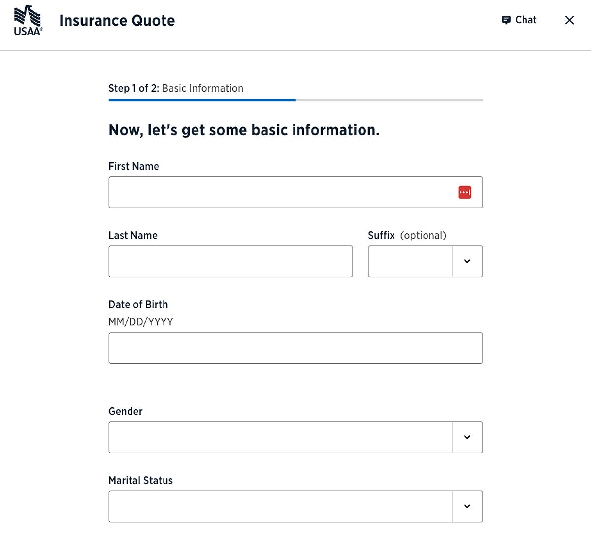 USAA quote page requesting personal information